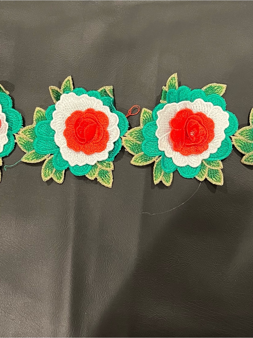 Embroidered Floral Applique Trim - Green, White & Red